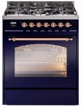 Ilve UP30NMPMBPLP Nostalgie Ii 30 Inch Dual Fuel Liquid Propane Freestanding Range In Blue With Copper Trim Freestanding Ranges freestanding dual fuel range 30 inch