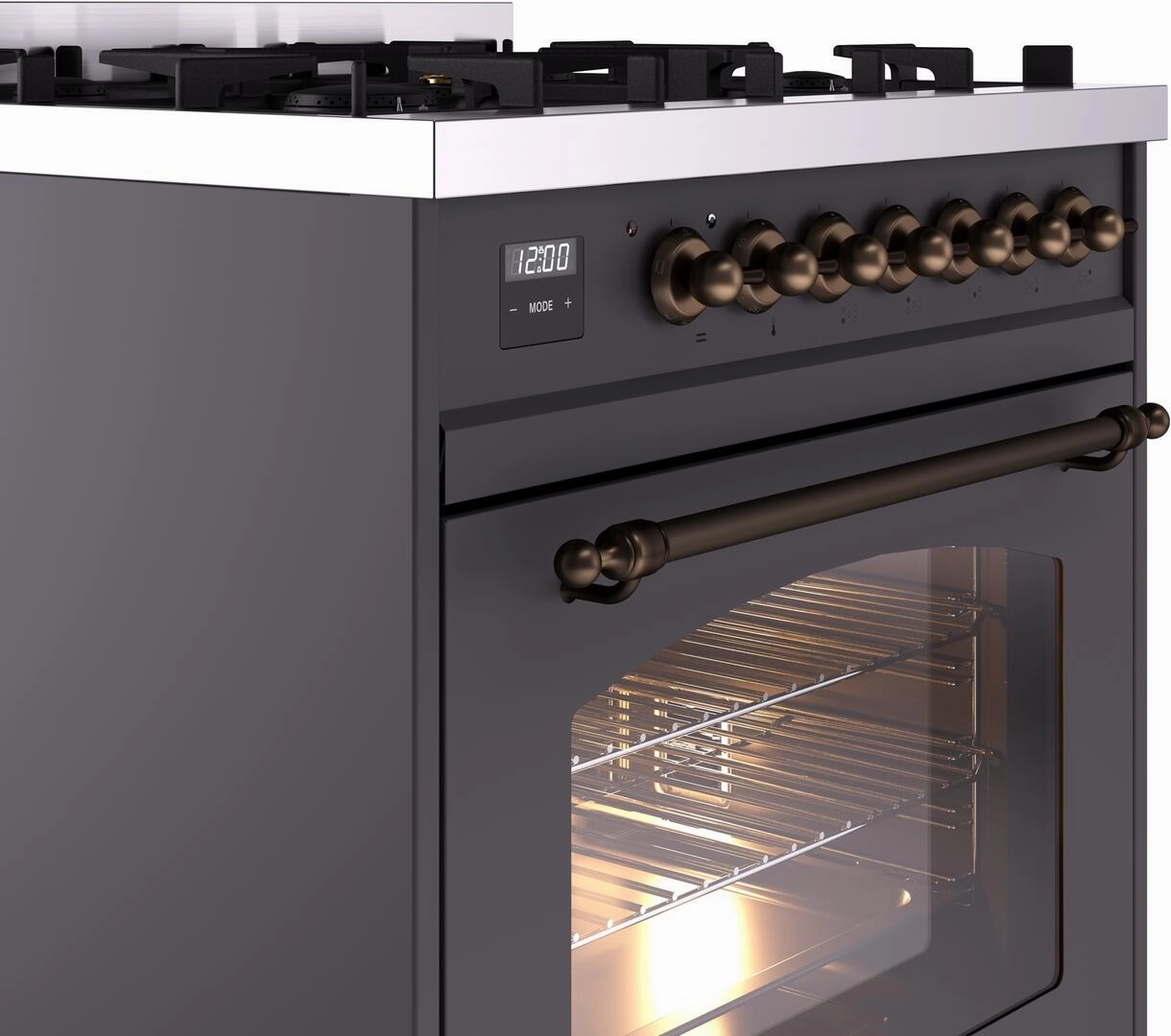 Ilve UP30NMPMGB Nostalgie Ii 30 Inch Dual Fuel Natural Gas Freestanding Range In Matte Graphite With Bronze Trim
