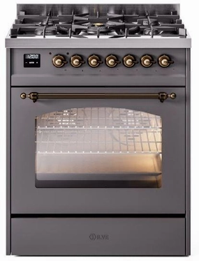 Ilve UP30NMPMGB Nostalgie Ii 30 Inch Dual Fuel Natural Gas Freestanding Range In Matte Graphite With Bronze Trim Freestanding Ranges freestanding dual fuel range 30 inch