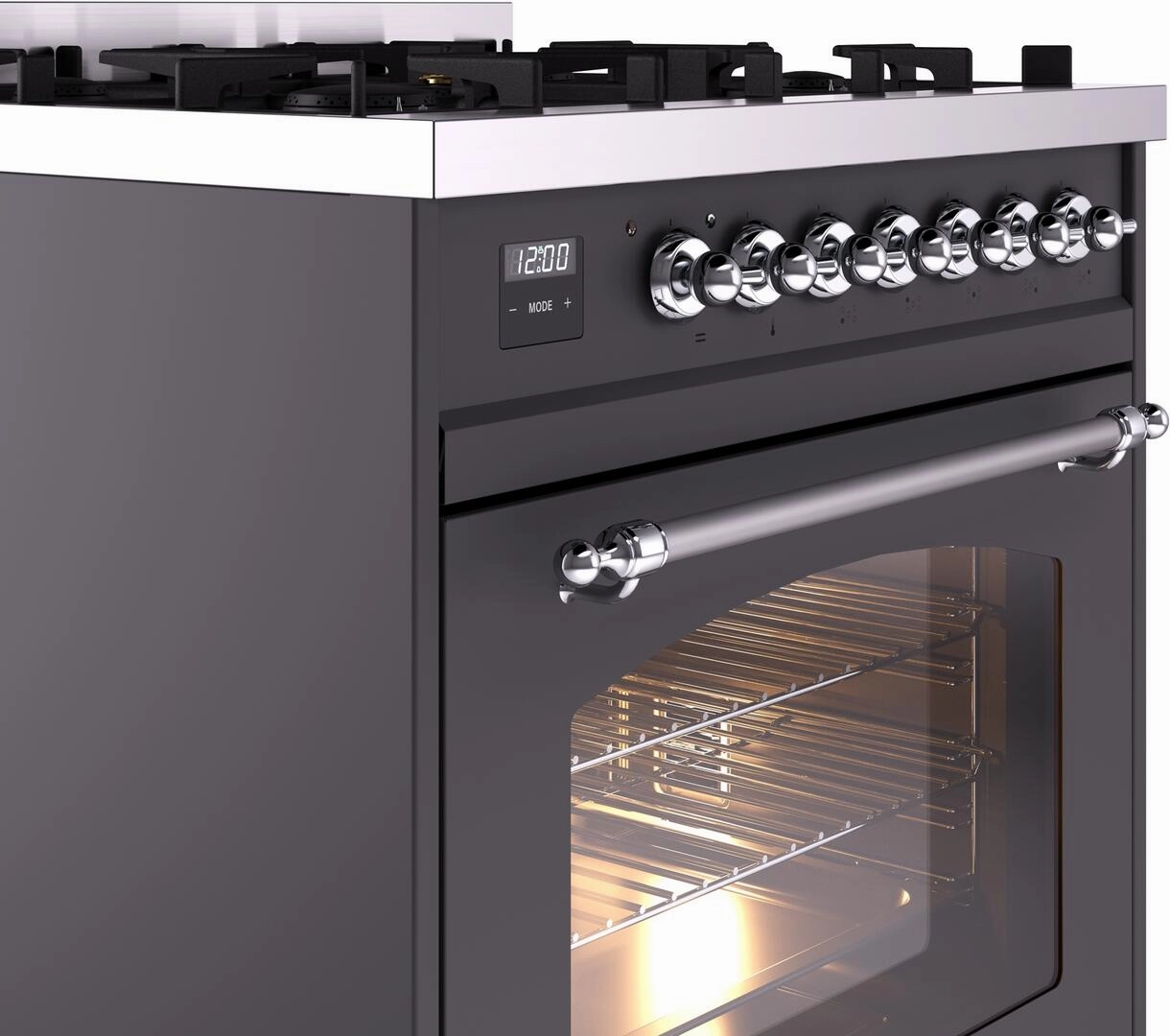 Ilve UP30NMPMGC Nostalgie Ii 30 Inch Dual Fuel Natural Gas Freestanding Range In Matte Graphite With Chrome Trim