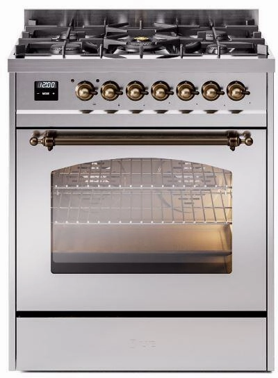 Ilve UP30NMPSSB Nostalgie Ii 30 Inch Dual Fuel Natural Gas Freestanding Range In Stainless Steel With Bronze Trim Freestanding Ranges freestanding dual fuel range 30 inch
