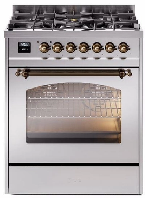 Ilve UP30NMPSSB Nostalgie Ii 30 Inch Dual Fuel Natural Gas Freestanding Range In Stainless Steel With Bronze Trim Freestanding Ranges freestanding dual fuel range 30 inch