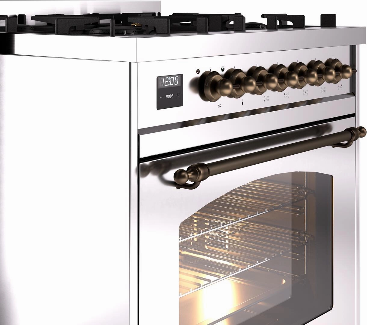 Ilve UP30NMPSSB Nostalgie Ii 30 Inch Dual Fuel Natural Gas Freestanding Range In Stainless Steel With Bronze Trim
