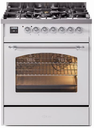 Ilve UP30NMPWHC Nostalgie Ii 30 Inch Dual Fuel Natural Gas Freestanding Range In White With Chrome Trim Freestanding Ranges freestanding dual fuel range 30 inch
