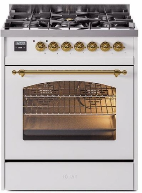 Ilve UP30NMPWHG Nostalgie Ii 30 Inch Dual Fuel Natural Gas Freestanding Range In White With Brass Trim Freestanding Ranges freestanding dual fuel range 30 inch