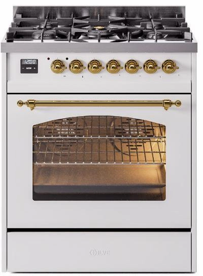 Ilve UP30NMPWHG Nostalgie Ii 30 Inch Dual Fuel Natural Gas Freestanding Range In White With Brass Trim Freestanding Ranges freestanding dual fuel range 30 inch