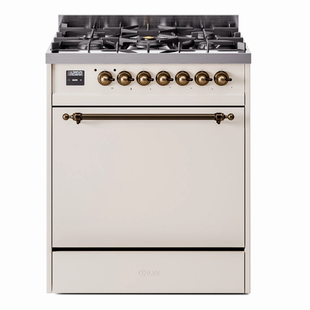 Ilve UP30QNMPAWB Nostalgie Ii 30 Inch Dual Fuel Natural Gas Freestanding Range In Antique White With Bronze Trim Freestanding Ranges freestanding dual fuel range 30 inch