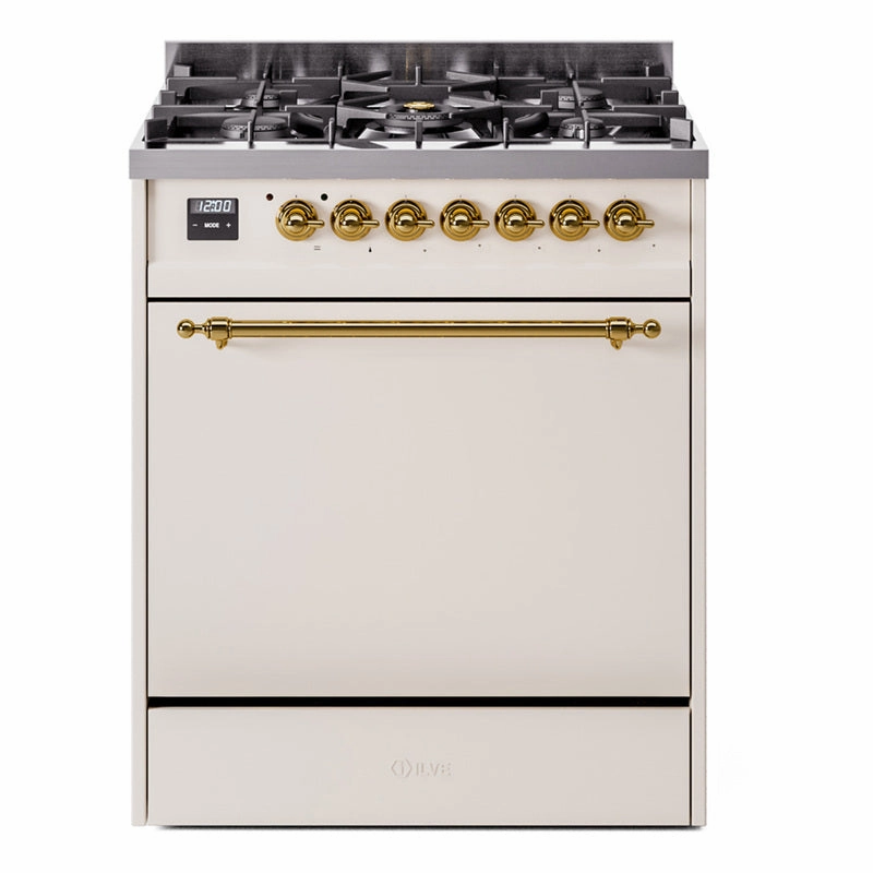 Ilve UP30QNMPAWG Nostalgie Ii 30 Inch Dual Fuel Natural Gas Freestanding Range In Antique White With Brass Trim Freestanding Ranges freestanding dual fuel range 30 inch