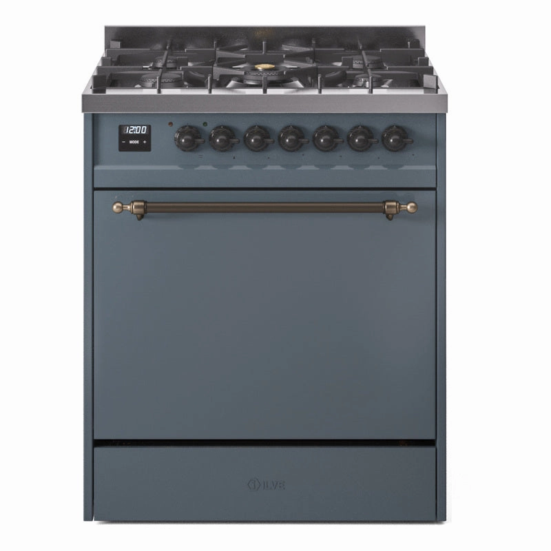Ilve UP30QNMPBGB Nostalgie Ii 30 Inch Dual Fuel Natural Gas Freestanding Range In Blue Grey With Bronze Trim Freestanding Ranges freestanding dual fuel range 30 inch