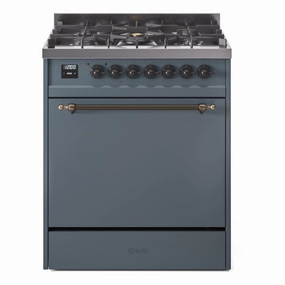 Ilve UP30QNMPBGB Nostalgie Ii 30 Inch Dual Fuel Natural Gas Freestanding Range In Blue Grey With Bronze Trim Freestanding Ranges freestanding dual fuel range 30 inch