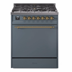 Ilve UP30QNMPBGG Nostalgie Ii 30 Inch Dual Fuel Natural Gas Freestanding Range In Blue Grey With Brass Trim Freestanding Ranges freestanding dual fuel range 30 inch