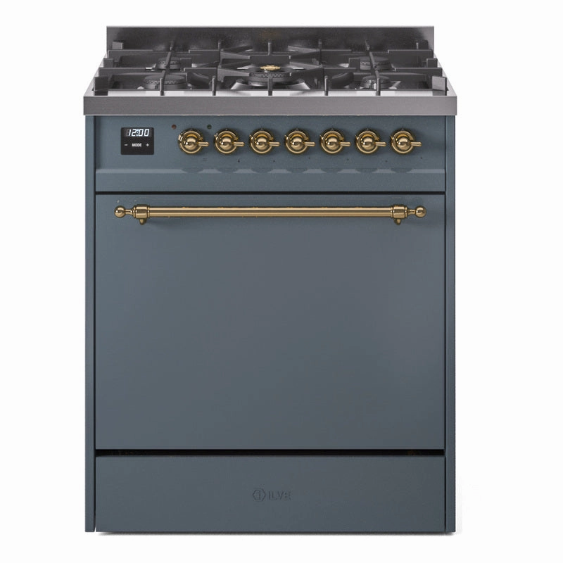 Ilve UP30QNMPBGG Nostalgie Ii 30 Inch Dual Fuel Natural Gas Freestanding Range In Blue Grey With Brass Trim Freestanding Ranges freestanding dual fuel range 30 inch