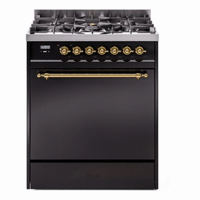 Ilve UP30QNMPBKG Nostalgie Ii 30 Inch Dual Fuel Natural Gas Freestanding Range In Black With Brass Trim Freestanding Ranges freestanding dual fuel range 30 inch