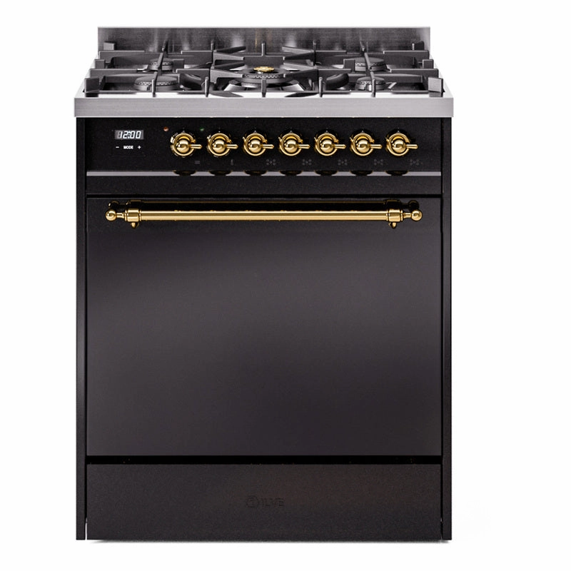 Ilve UP30QNMPBKGLP Nostalgie Ii 30 Inch Dual Fuel Liquid Propane Freestanding Range In Black With Brass Trim Freestanding Ranges freestanding dual fuel range 30 inch