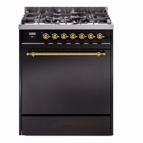 Ilve UP30QNMPBKGLP Nostalgie Ii 30 Inch Dual Fuel Liquid Propane Freestanding Range In Black With Brass Trim Freestanding Ranges freestanding dual fuel range 30 inch