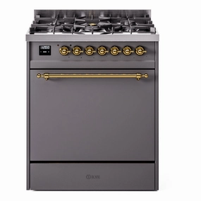 Ilve UP30QNMPMGG Nostalgie Ii 30 Inch Dual Fuel Natural Gas Freestanding Range In Matte Graphite With Brass Trim Freestanding Ranges freestanding dual fuel range 30 inch
