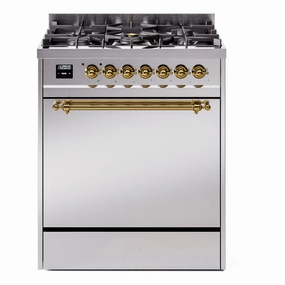Ilve UP30QNMPSSG Nostalgie Ii 30 Inch Dual Fuel Natural Gas Freestanding Range In Stainless Steel With Brass Trim Freestanding Ranges freestanding dual fuel range 30 inch