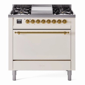 Ilve UP36FQNMPAWG Nostalgie Ii 36 Inch Dual Fuel Natural Gas Freestanding Range In Antique White With Brass Trim Freestanding Ranges freestanding dual fuel range 30 inch