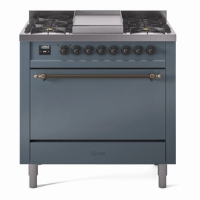 Ilve UP36FQNMPBGBLP Nostalgie Ii 36 Inch Dual Fuel Liquid Propane Freestanding Range In Blue Grey With Bronze Trim Freestanding Ranges freestanding dual fuel range 30 inch