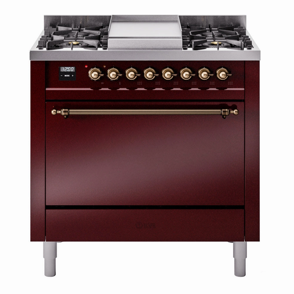 Ilve UP36FQNMPBUB Nostalgie Ii 36 Inch Dual Fuel Natural Gas Freestanding Range In Burgundy With Bronze Trim Freestanding Ranges freestanding dual fuel range 30 inch
