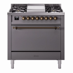 Ilve UP36FQNMPMGBLP Nostalgie Ii 36 Inch Dual Fuel Liquid Propane Freestanding Range In Matte Graphite With Bronze Trim Freestanding Ranges freestanding dual fuel range 30 inch