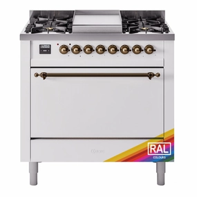 Ilve UP36FQNMPRABLP Nostalgie Ii 36 Inch Dual Fuel Liquid Propane Freestanding Range In Ral Custom Color With Bronze Trim Freestanding Ranges freestanding dual fuel range 30 inch
