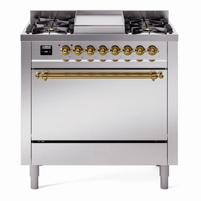 Ilve UP36FQNMPSSG Nostalgie Ii 36 Inch Dual Fuel Natural Gas Freestanding Range In Stainless Steel With Brass Trim Freestanding Ranges freestanding dual fuel range 30 inch
