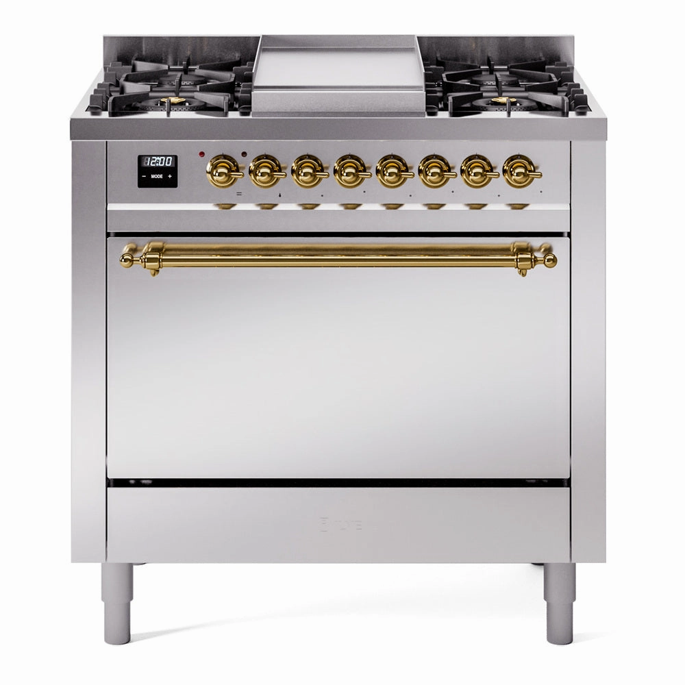 Ilve UP36FQNMPSSG Nostalgie Ii 36 Inch Dual Fuel Natural Gas Freestanding Range In Stainless Steel With Brass Trim Freestanding Ranges freestanding dual fuel range 30 inch