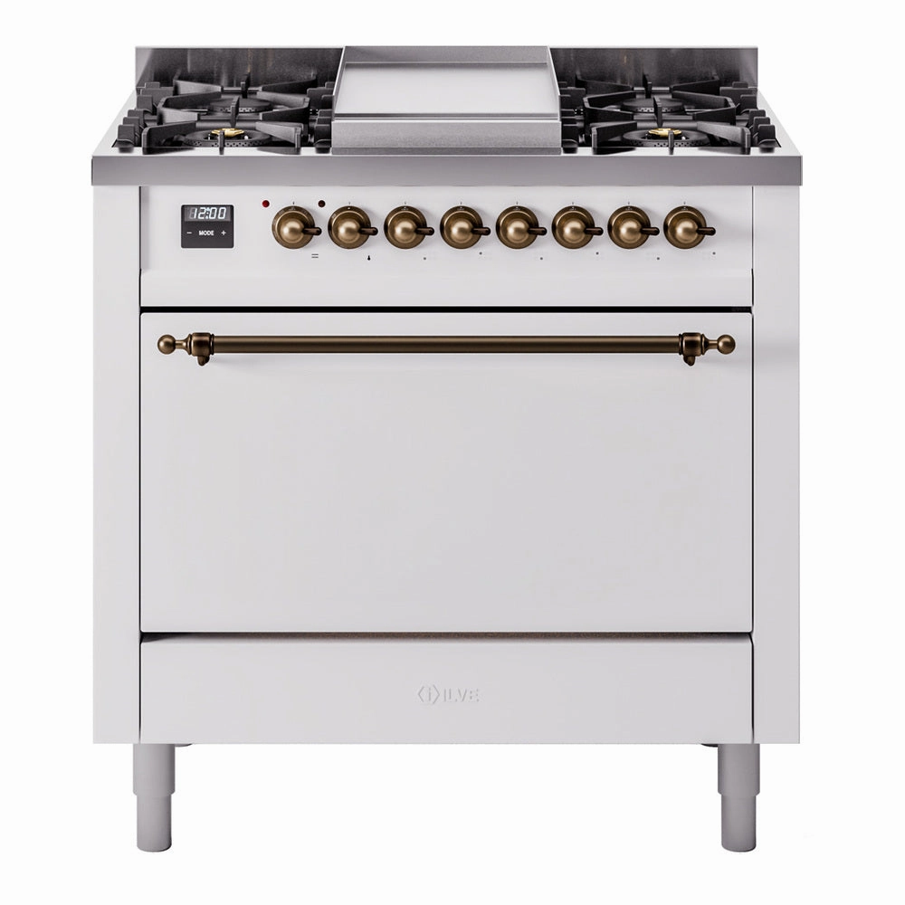 Ilve UP36FQNMPWHBLP Nostalgie Ii 36 Inch Dual Fuel Liquid Propane Freestanding Range In White With Bronze Trim Freestanding Ranges freestanding dual fuel range 30 inch