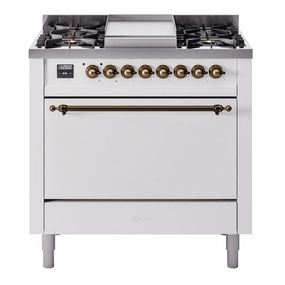 Ilve UP36FQNMPWHBLP Nostalgie Ii 36 Inch Dual Fuel Liquid Propane Freestanding Range In White With Bronze Trim Freestanding Ranges freestanding dual fuel range 30 inch