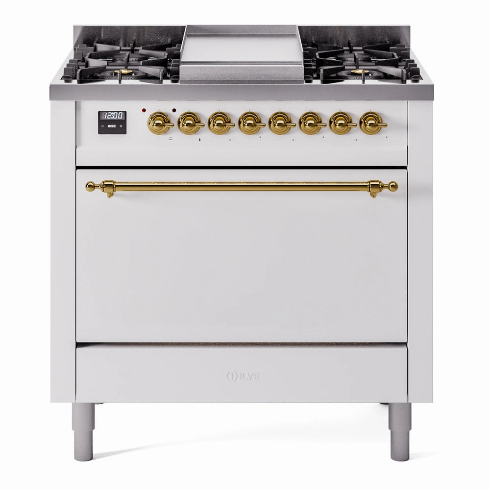 Ilve UP36FQNMPWHG Nostalgie Ii 36 Inch Dual Fuel Natural Gas Freestanding Range In White With Brass Trim Freestanding Ranges freestanding dual fuel range 30 inch