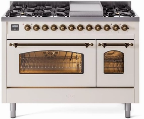 Ilve UP48FNMPAWB Nostalgie Ii 48 Inch Dual Fuel Natural Gas Freestanding Range In Antique White With Bronze Trim Freestanding Ranges freestanding dual fuel range 30 inch