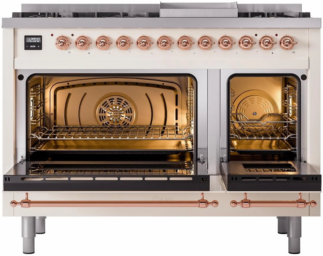 Ilve UP48FNMPAWPLP Nostalgie Ii 48 Inch Dual Fuel Liquid Propane Freestanding Range In Antique White With Copper Trim