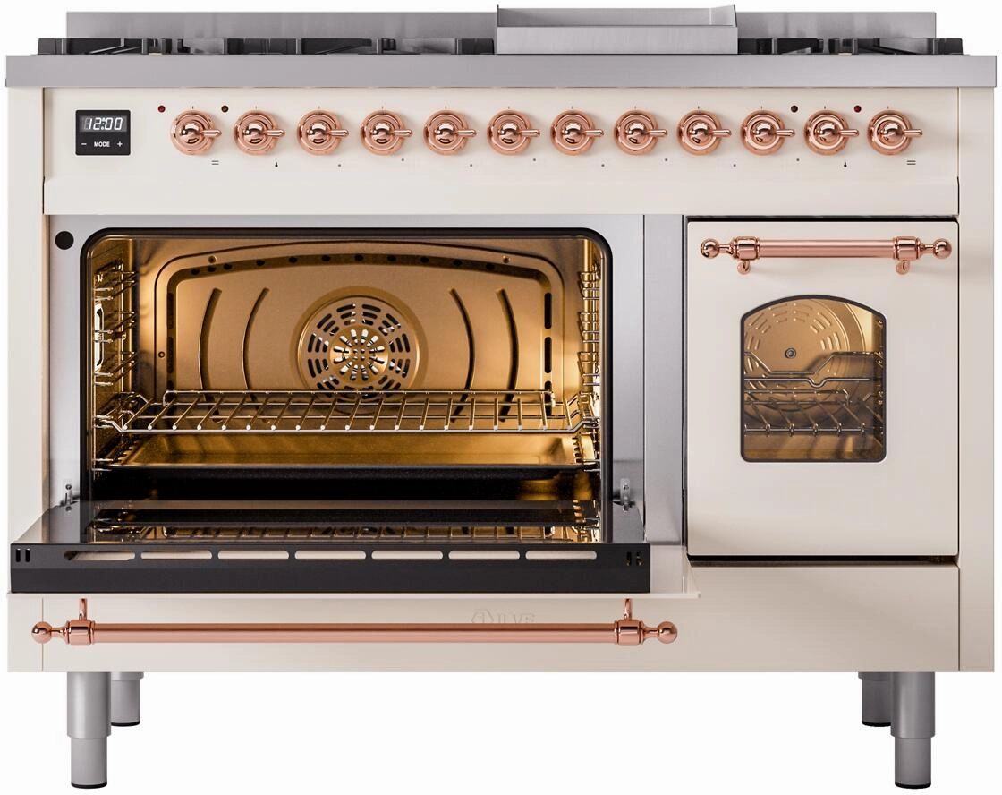 Ilve UP48FNMPAWPLP Nostalgie Ii 48 Inch Dual Fuel Liquid Propane Freestanding Range In Antique White With Copper Trim