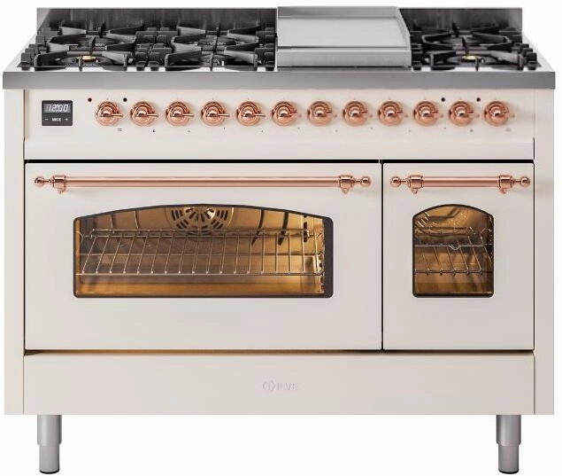 Ilve UP48FNMPAWPLP Nostalgie Ii 48 Inch Dual Fuel Liquid Propane Freestanding Range In Antique White With Copper Trim Freestanding Ranges freestanding dual fuel range 30 inch