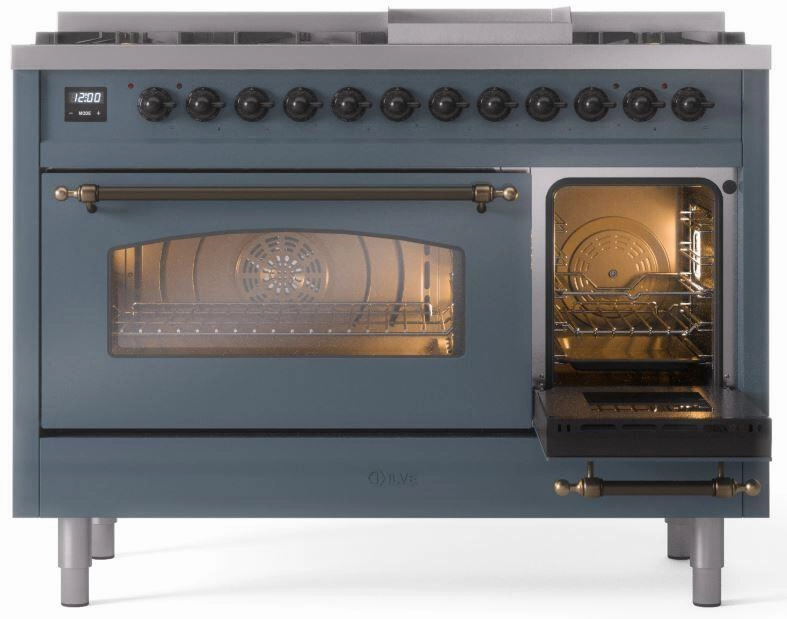 Ilve UP48FNMPBGB Nostalgie Ii 48 Inch Dual Fuel Natural Gas Freestanding Range In Blue Grey With Bronze Trim