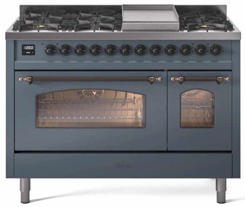 Ilve UP48FNMPBGB Nostalgie Ii 48 Inch Dual Fuel Natural Gas Freestanding Range In Blue Grey With Bronze Trim Freestanding Ranges freestanding dual fuel range 30 inch