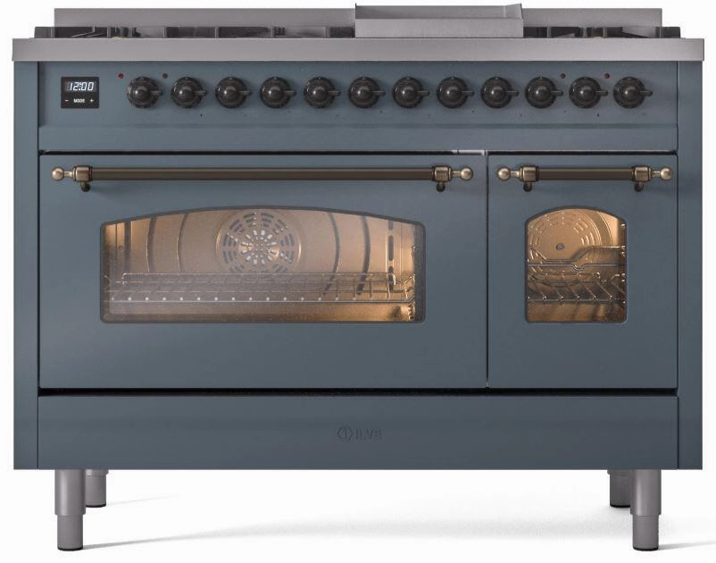 Ilve UP48FNMPBGB Nostalgie Ii 48 Inch Dual Fuel Natural Gas Freestanding Range In Blue Grey With Bronze Trim
