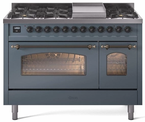 Ilve UP48FNMPBGB Nostalgie Ii 48 Inch Dual Fuel Natural Gas Freestanding Range In Blue Grey With Bronze Trim Freestanding Ranges freestanding dual fuel range 30 inch