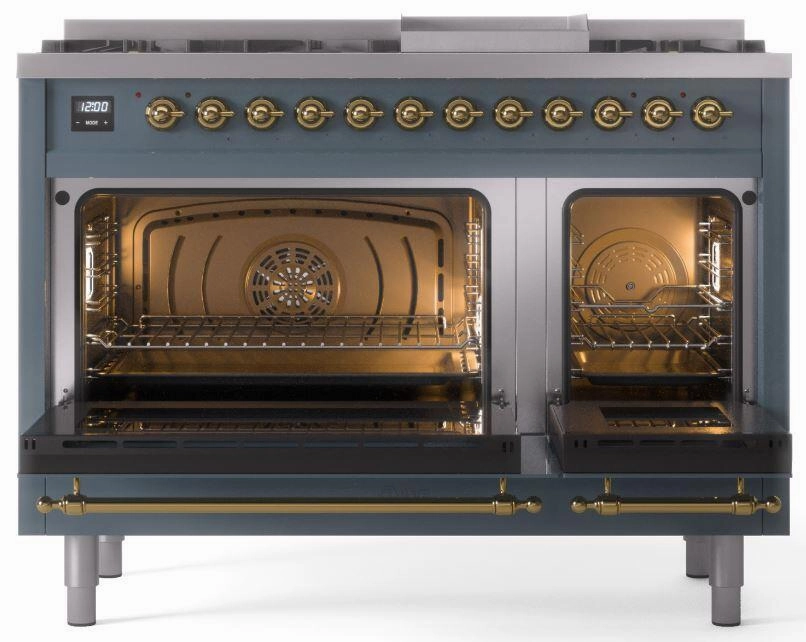 Ilve UP48FNMPBGGLP Nostalgie Ii 48 Inch Dual Fuel Liquid Propane Freestanding Range In Blue Grey With Brass Trim