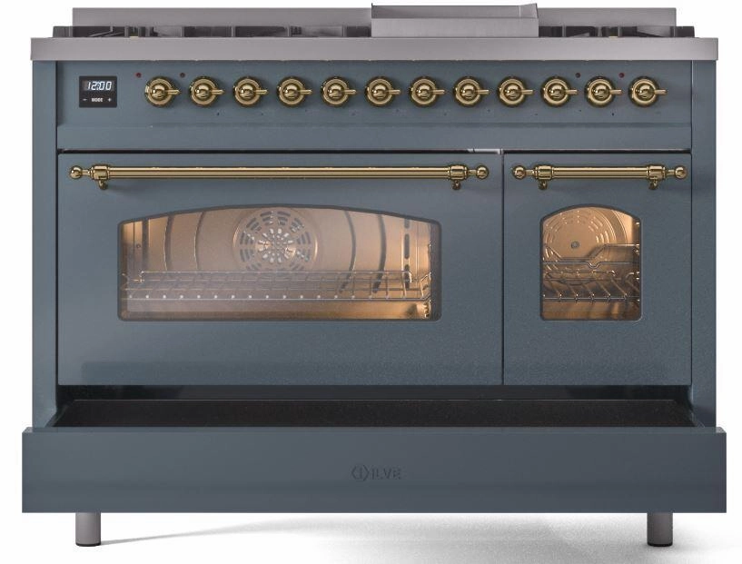Ilve UP48FNMPBGGLP Nostalgie Ii 48 Inch Dual Fuel Liquid Propane Freestanding Range In Blue Grey With Brass Trim