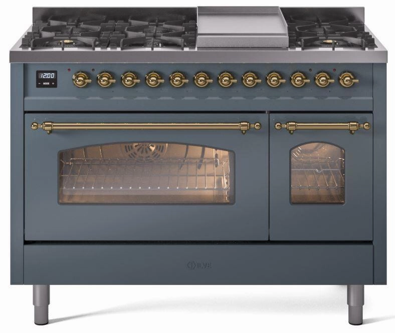 Ilve UP48FNMPBGGLP Nostalgie Ii 48 Inch Dual Fuel Liquid Propane Freestanding Range In Blue Grey With Brass Trim Freestanding Ranges freestanding dual fuel range 30 inch