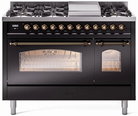 Ilve UP48FNMPBKB Nostalgie Ii 48 Inch Dual Fuel Natural Gas Freestanding Range In Glossy Black With Bronze Trim Freestanding Ranges freestanding dual fuel range 30 inch