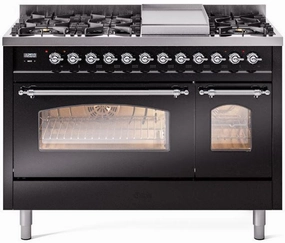 Ilve UP48FNMPBKC Nostalgie Ii 48 Inch Dual Fuel Natural Gas Freestanding Range In Glossy Black With Chrome Trim Freestanding Ranges freestanding dual fuel range 30 inch