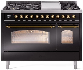 Ilve UP48FNMPBKGLP Nostalgie Ii 48 Inch Dual Fuel Liquid Propane Freestanding Range In Glossy Black With Brass Trim Freestanding Ranges freestanding dual fuel range 30 inch