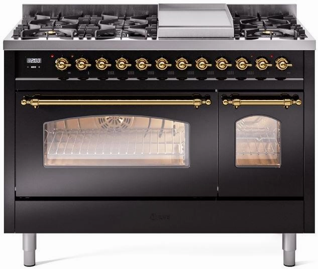 Ilve UP48FNMPBKGLP Nostalgie Ii 48 Inch Dual Fuel Liquid Propane Freestanding Range In Glossy Black With Brass Trim Freestanding Ranges freestanding dual fuel range 30 inch