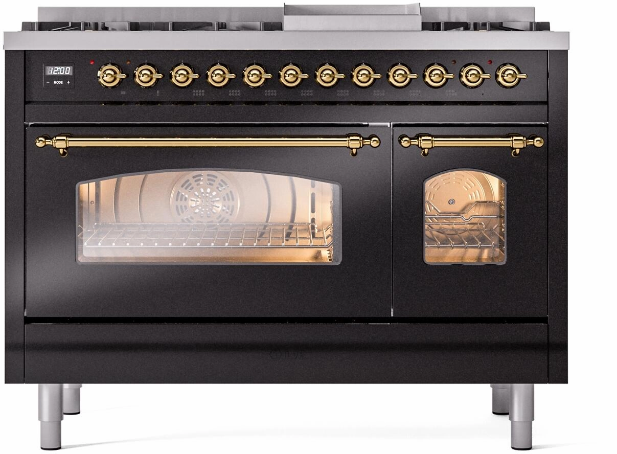 Ilve UP48FNMPBKGLP Nostalgie Ii 48 Inch Dual Fuel Liquid Propane Freestanding Range In Glossy Black With Brass Trim
