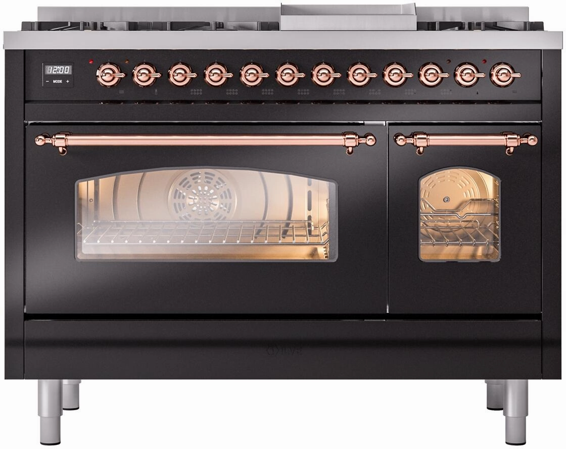 Ilve UP48FNMPBKPLP Nostalgie Ii 48 Inch Dual Fuel Liquid Propane Freestanding Range In Glossy Black With Copper Trim