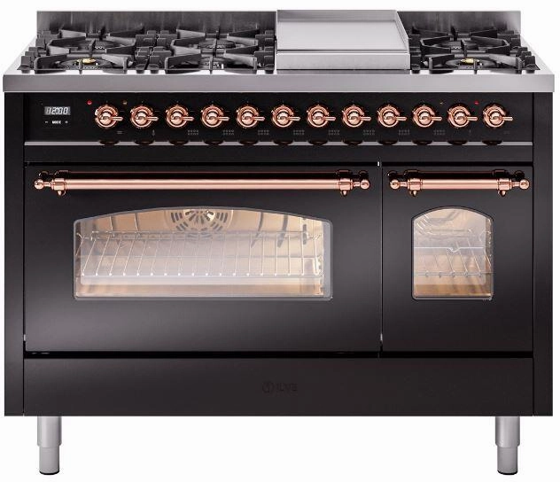 Ilve UP48FNMPBKPLP Nostalgie Ii 48 Inch Dual Fuel Liquid Propane Freestanding Range In Glossy Black With Copper Trim Freestanding Ranges freestanding dual fuel range 30 inch