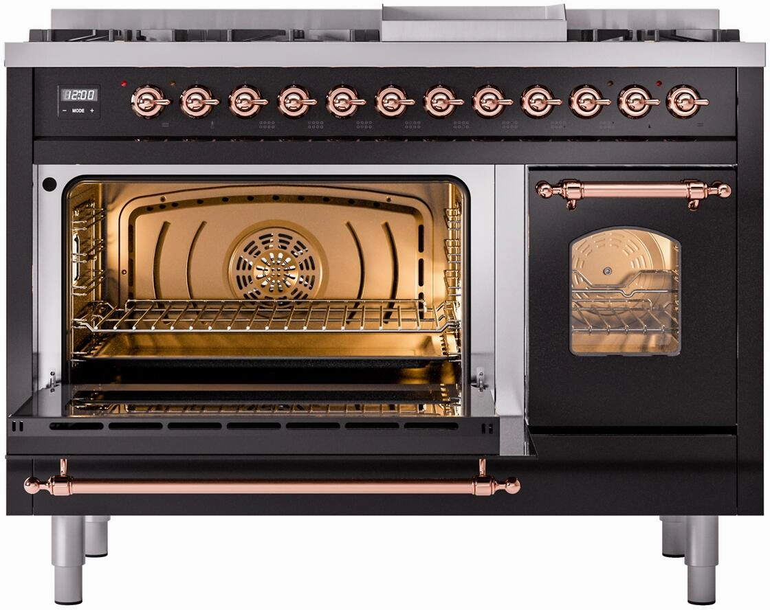 Ilve UP48FNMPBKPLP Nostalgie Ii 48 Inch Dual Fuel Liquid Propane Freestanding Range In Glossy Black With Copper Trim